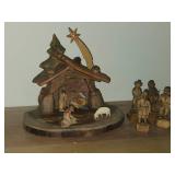 (4) Handcarved Wooden Folk Art Figurines + 5-piece Handcarved Wooden Figurines in a Nativity Scene