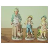 Homco Lady Farmer with Eggs 10", Homco Farmer Boy 8" and Homco Farmer Girl 8"