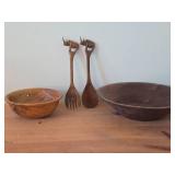 (2) Handcarved Teak Wood Salad Togs and (2) Wood Bowls - One Burl Walnut, One Pine D.G. Schindler 1999-48