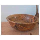 (2) Handcarved Teak Wood Salad Togs and (2) Wood Bowls - One Burl Walnut, One Pine D.G. Schindler 1999-48