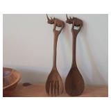 (2) Handcarved Teak Wood Salad Togs and (2) Wood Bowls - One Burl Walnut, One Pine D.G. Schindler 1999-48