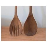 (2) Handcarved Teak Wood Salad Togs and (2) Wood Bowls - One Burl Walnut, One Pine D.G. Schindler 1999-48