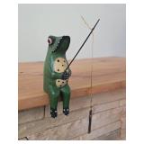Handcarved Handpainted Wood Frog Shelf Sitter with Fishing Rod