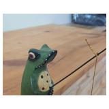 Handcarved Handpainted Wood Frog Shelf Sitter with Fishing Rod