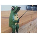 Handcarved Handpainted Wood Frog Shelf Sitter with Fishing Rod