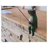 Handcarved Handpainted Wood Frog Shelf Sitter with Fishing Rod