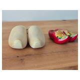 Lot of (2 sets) Wooden Clog Decorations - One Unpainted Set, One Handpainted Set with Dutch Windmill Scene