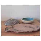Lot of (3) Handcrafted Ceramic Dishwares - Leaf Serving Platter, Bowl, Pottery Lid
