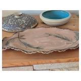 Lot of (3) Handcrafted Ceramic Dishwares - Leaf Serving Platter, Bowl, Pottery Lid