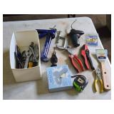 Lot of (1 Tub) Assorted Hand Tools - Caulk Gun, C-Clamps, Ratchet and Sockets, Adjustable Wrench, Tongs, Scraper, Pliers, Tape Measure