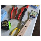 Lot of (1 Tub) Assorted Hand Tools - Caulk Gun, C-Clamps, Ratchet and Sockets, Adjustable Wrench, Tongs, Scraper, Pliers, Tape Measure