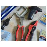 Lot of (1 Tub) Assorted Hand Tools - Caulk Gun, C-Clamps, Ratchet and Sockets, Adjustable Wrench, Tongs, Scraper, Pliers, Tape Measure
