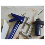 Lot of (1 Tub) Assorted Hand Tools - Caulk Gun, C-Clamps, Ratchet and Sockets, Adjustable Wrench, Tongs, Scraper, Pliers, Tape Measure
