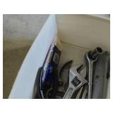 Lot of (1 Tub) Assorted Hand Tools - Caulk Gun, C-Clamps, Ratchet and Sockets, Adjustable Wrench, Tongs, Scraper, Pliers, Tape Measure