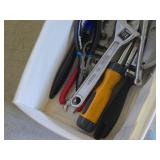 Lot of (1 Tub) Assorted Hand Tools - Caulk Gun, C-Clamps, Ratchet and Sockets, Adjustable Wrench, Tongs, Scraper, Pliers, Tape Measure