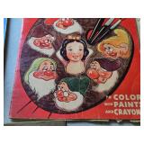 Vintage 1963 The First Coloring Book, 1938 Snow White and the Seven Dwarfs Coloring Book, 1958 Crayola No. 72 Crayon Set (Never Used !)