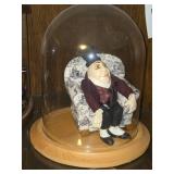 Display Cloche with Wood Base and Miniature Figure in Chair