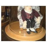 Display Cloche with Wood Base and Miniature Figure in Chair