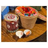 Chineoserie Traveling Man Shou Porcelain Tea Set + Padded Warmer Picnic Basket