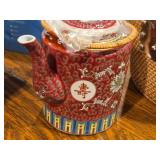 Chineoserie Traveling Man Shou Porcelain Tea Set + Padded Warmer Picnic Basket