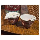 Chineoserie Traveling Man Shou Porcelain Tea Set + Padded Warmer Picnic Basket