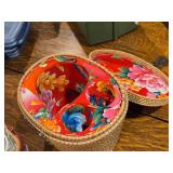Chineoserie Traveling Man Shou Porcelain Tea Set + Padded Warmer Picnic Basket