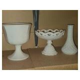 Lot of (3) Milk Glass Dishwares - Vase, Pedestal Compote Dish (x2)