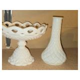 Lot of (3) Milk Glass Dishwares - Vase, Pedestal Compote Dish (x2)