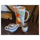 Norde Blue Sugar Bowl, Crown Staffordshire Egg Coddler, Ceramic Juice Pitcher