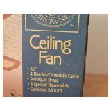 Windsor Browne Ceiling Fan - 4 Blade / One Side Cane, Antique Brass, 3 Speed Reversible 42" (in original packaging)
