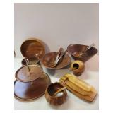 Mid Modern Kitchen items marked Vermillion, and Price made of Walnut two tiered tray, unique sugar bowl, tray, salad bowl and more