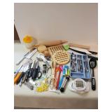 Misc Kitchen Junk Drawer items with set of Silverware Wooden Trivets and so Much More