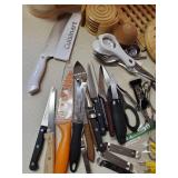 Misc Kitchen Junk Drawer items with set of Silverware Wooden Trivets and so Much More