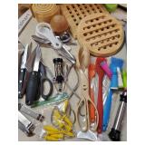Misc Kitchen Junk Drawer items with set of Silverware Wooden Trivets and so Much More