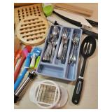 Misc Kitchen Junk Drawer items with set of Silverware Wooden Trivets and so Much More