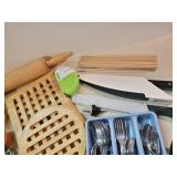 Misc Kitchen Junk Drawer items with set of Silverware Wooden Trivets and so Much More
