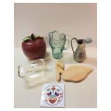 Various Kitchen items Pelican shaped wood Cutting Board, Coca cola drink pitcher, Cookie jar and more