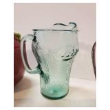Various Kitchen items Pelican shaped wood Cutting Board, Coca cola drink pitcher, Cookie jar and more