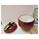 Various Kitchen items Pelican shaped wood Cutting Board, Coca cola drink pitcher, Cookie jar and more