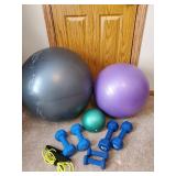 Workout Equipment, 3 diff size hand weights, exercise balls, weight ball and jump rope