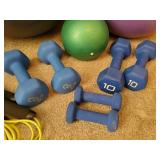 Workout Equipment, 3 diff size hand weights, exercise balls, weight ball and jump rope