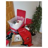 Various Christmas items, tree with lights, Teddy bear, runner and more