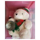 Various Christmas items, tree with lights, Teddy bear, runner and more