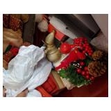 Various Christmas items, tree with lights, Teddy bear, runner and more