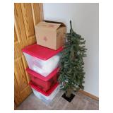 Various Christmas items, tree with lights, Teddy bear, runner and more