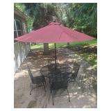 Lightly used Wrought patio set 4 chairs Table with umbrella and stand