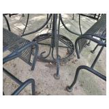 Lightly used Wrought patio set 4 chairs Table with umbrella and stand