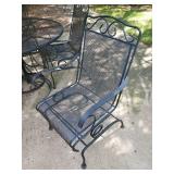Lightly used Wrought patio set 4 chairs Table with umbrella and stand