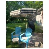 2 Plastic Adirondack Chairs with umbrella and stand/Table