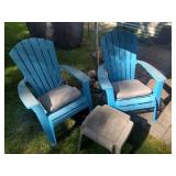 2 Plastic Adirondack Chairs with umbrella and stand/Table